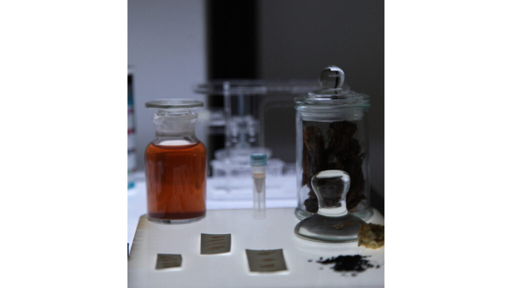 Figure 18: homemade pH sensitive dye using foraged Hibiscus flowers and pH sensitive pigment from leftover red cabbage dye